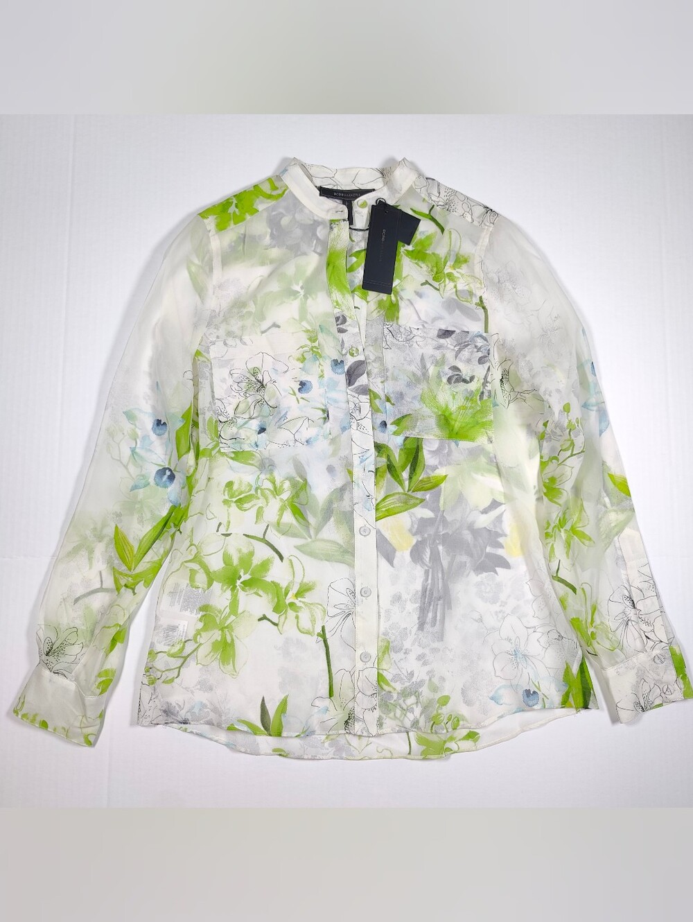 NWT BCBGMAXAZRIA Loora 100% Silk Floral Sheer Oversized Blouse Sz XS Retail 198$